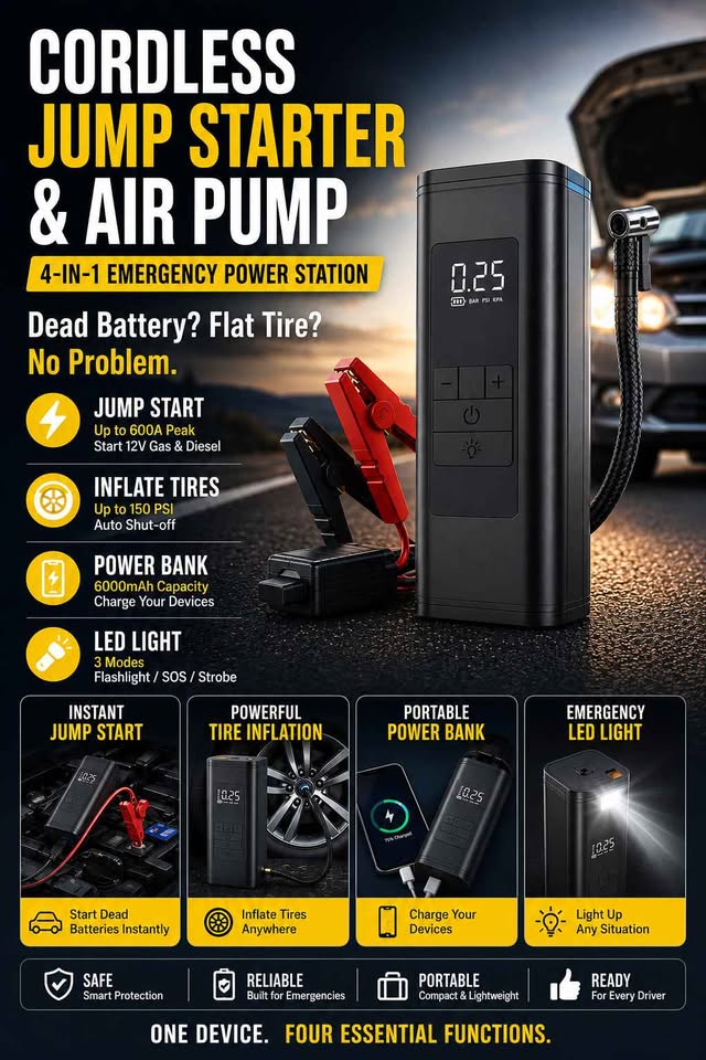 2 in 1 Cordless Jump Starter + Tyre Inflator rechargeable for car